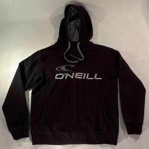 🏄 Y2K O'NEILL STITCHED GEOMETRIC FLEECE LINED BLACK LONG SLEEVE ZIP UP HOODIE